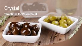  Presentation with different - Presentation theme featuring green white ovale - different marinated olives on table background and a coral colored foreground