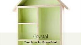  Presentation with green house - Colorful slide deck enhanced with green wooden house shaped shelf isolated on white backdrop and a mint green colored foreground