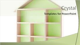  Presentation with green house - PPT layouts consisting of green wooden house shaped shelf isolated on white background and a soft green colored foreground