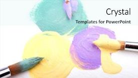  Presentation with yellow color - PPT theme featuring green yellow and lilac spots of paint on white textured paper with brushes with different color paint on each background and a cool aqua colored foreground