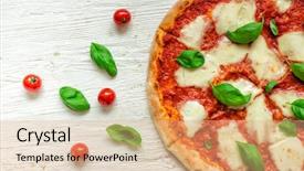  Presentation with italian - Beautiful PPT theme featuring green yellow background - delicious italian pizza served backdrop and a coral colored foreground