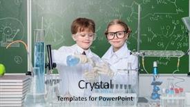  Presentation with educational - Slide deck consisting of greenboard - two children scientists making experiments background and a light blue colored foreground