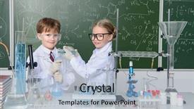  Presentation with educational - Beautiful theme featuring greenboard - two children scientists making experiments backdrop and a light blue colored foreground