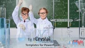  Presentation with educational - Amazing PPT theme having greenboard - two children scientists making experiments backdrop and a light blue colored foreground