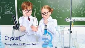  Presentation with education for sustainable development - Audience pleasing slide deck consisting of greenboard - two children scientists making experiments backdrop and a light blue colored foreground