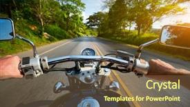  Presentation with asphalt road - Presentation design featuring driver riding motorcycle on an asphalt road through forest background and a tawny brown colored foreground