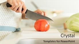 Presentation with cost cutting - PPT layouts enhanced with greenish - housewife cutting a tomato background and a  colored foreground