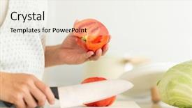  Presentation with cutting heavy metals - PPT theme consisting of greenish - housewife cutting a tomato background and a  colored foreground