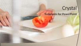  Presentation with cutting heavy metals - Audience pleasing slide deck consisting of greenish - housewife cutting a tomato backdrop and a  colored foreground