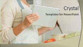  Presentation with kitchen - PPT theme featuring greenish - housewife operating a tablet pc background and a  colored foreground
