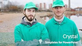  Presentation with bank - Slide deck consisting of greenpeace volunteers in uniform looking background and a teal colored foreground