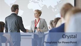  Presentation with business partner people joining hand - Slides featuring greet audience - business people shaking hands background and a seafoam green colored foreground