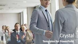  Presentation with public - Presentation theme featuring greet audience - confident businessman greeting public speaker background and a gray colored foreground