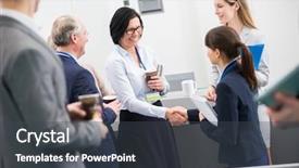  Presentation with lecture hall - Theme featuring greet audience - mature businesswoman shaking hands background and a dark gray colored foreground