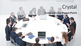  Presentation with conference - Slide set featuring greet audience - meeting business partners background and a light gray colored foreground