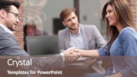  Presentation with meeting - PPT theme having greeting - business woman informal meeting background and a violet colored foreground