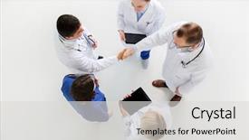  Presentation with medicine - Theme featuring greeting by handshake at hospital background and a light gray colored foreground