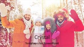  Presentation with forest winter - Presentation theme with greeting christmas season friendship and people concept - group of smiling men and women waving hands in winter forest background and a red colored foreground