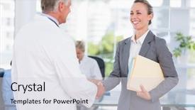  Presentation with seasons greeting - Colorful presentation theme enhanced with greeting pretty businesswoman in medical backdrop and a light gray colored foreground