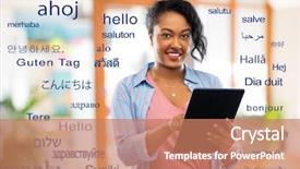  Presentation with african people - PPT theme enhanced with greeting words in different foreign background and a coral colored foreground