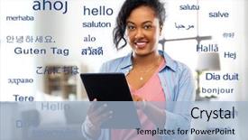  Presentation with african people - Audience pleasing PPT theme consisting of greeting words in different foreign backdrop and a light blue colored foreground