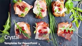  Presentation with pomegranate - Audience pleasing PPT theme consisting of grenade - sliced prosciutto with herbs backdrop and a ocean colored foreground
