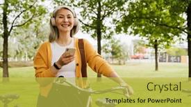  Presentation with asian - Slide set with grey-asian-woman-laughing background and a yellow colored foreground