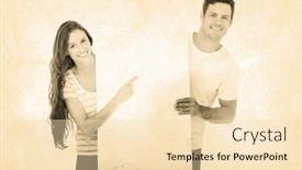  Presentation with poster - Audience pleasing PPT layouts consisting of grey background against happy couple pointing a white poster backdrop and a lemonade colored foreground