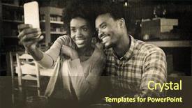  Presentation with cafeteria - Slide deck featuring grey background against happy young couple taking selfie in cafeteria background and a tawny brown colored foreground