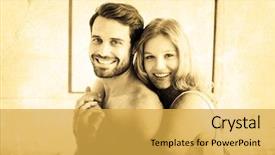  Presentation with portrait happy family smiling - Colorful theme enhanced with grey background against portrait of happy young couple cuddling backdrop and a yellow colored foreground