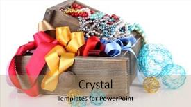  Presentation with grey strips - Presentation design having grey drawer full of multicoloured strips and beads on white background isolated background and a coral colored foreground