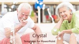  Presentation with active seniors senior couple - Colorful PPT theme enhanced with grey fountain - smiling and actice senior couple backdrop and a  colored foreground