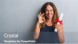  Presentation with business woman standing on maze - PPT theme having grey grunge wall holding diploma background and a gray colored foreground