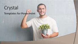  Presentation with hand holding plant - PPT layouts enhanced with grey grunge wall holding plant background and a light gray colored foreground