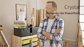  Presentation with aged - Theme having grey-haired-middle-aged-artist and a coral colored foreground