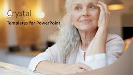  Presentation with pensioner - Slide deck featuring grey-haired pensioner thinking of something pleasant at leisure background and a coral colored foreground