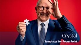  Presentation with cooperation puzzle - PPT theme featuring grey-haired-senior-business-man background and a navy blue colored foreground