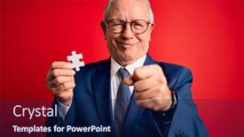  Presentation with cooperation puzzle - Beautiful slide set featuring grey-haired-senior-business-man backdrop and a navy blue colored foreground