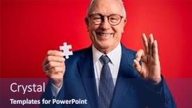  Presentation with cooperation puzzle - PPT theme enhanced with grey-haired-senior-business-man background and a navy blue colored foreground