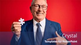  Presentation with cooperation puzzle - Slide set having grey-haired-senior-business-man background and a ocean colored foreground