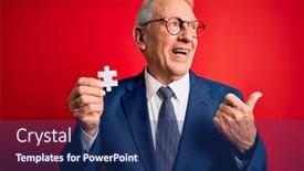  Presentation with cooperation puzzle - PPT theme consisting of grey-haired-senior-business-man background and a navy blue colored foreground