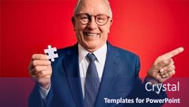  Presentation with cooperation puzzle - Amazing PPT theme having grey-haired-senior-business-man backdrop and a ocean colored foreground