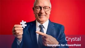  Presentation with hand holding puzzle piece - Colorful slide deck enhanced with grey-haired-senior-business-man backdrop and a navy blue colored foreground