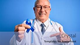  Presentation with colon - Colorful presentation design enhanced with grey-haired-senior-doctor-man backdrop and a light blue colored foreground