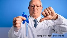  Presentation with colon - Slide set with grey-haired-senior-doctor-man background and a light blue colored foreground