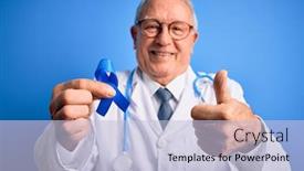  Presentation with colon cancer - Cool new PPT layouts with grey-haired-senior-doctor-man backdrop and a light blue colored foreground