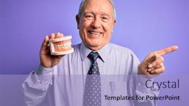  Presentation with prosthesis - Audience pleasing theme consisting of grey-haired-senior-man-holding backdrop and a light blue colored foreground