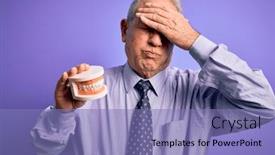 Presentation with prosthesis - PPT theme with grey-haired-senior-man-holding background and a coral colored foreground