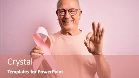  Presentation with pink ribbon breast awareness - Presentation theme featuring grey-haired-senior-man-holding background and a coral colored foreground
