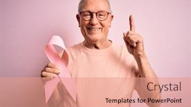  Presentation with pink ribbon breast awareness - Beautiful slide deck featuring grey-haired-senior-man-holding backdrop and a coral colored foreground